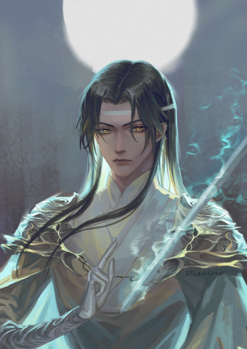 1boy absurdres artist_name black_hair chinese_clothes dreamingpool full_moon headband highres huge_filesize long_hair looking_at_viewer male_focus mo_dao_zu_shi moon night outdoors solo sword symbol_commentary upper_body very_long_hair wangji_lan weapon white_headband white_robe yellow_eyes