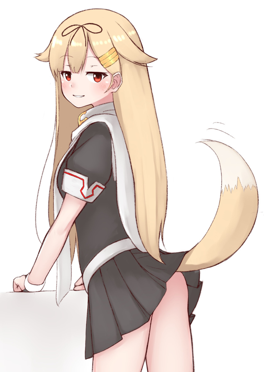 1girl absurdres black_ribbon black_serafuku black_skirt blonde_hair commentary_request cowboy_shot dog_tail gradient_hair hair_flaps hair_ornament hair_ribbon hairclip highres kantai_collection long_hair multicolored_hair parted_lips pleated_skirt red_eyes remodel_(kantai_collection) ribbon scarf school_uniform serafuku simple_background skirt solo tail tiemu_(man190) white_background white_scarf yuudachi_(kantai_collection)