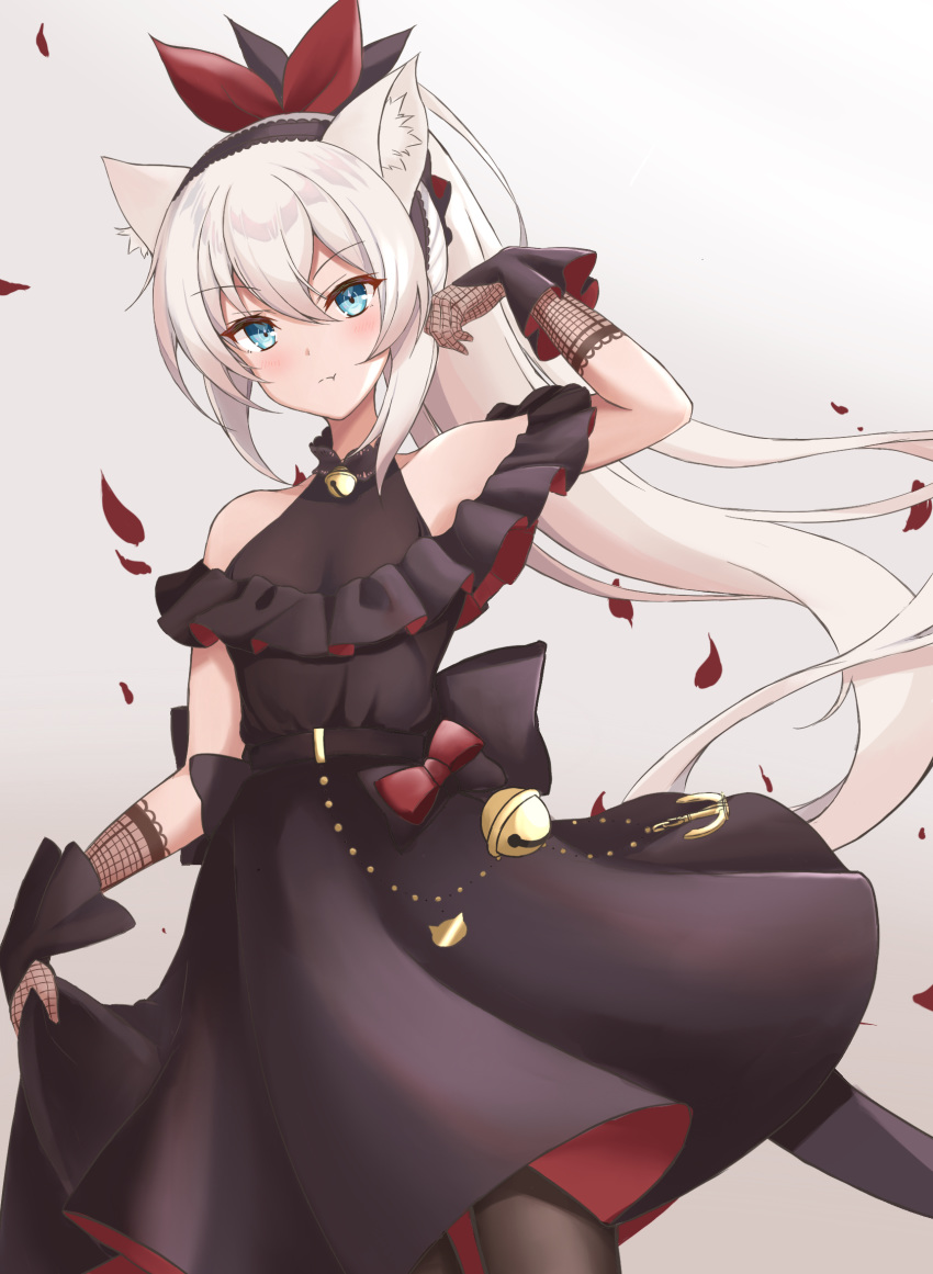 1girl anchor animal_ears arm_up azur_lane bangs bare_shoulders bell black_dress black_headband black_legwear blue_eyes blush bow breasts budesonide cat_ears closed_mouth dress eyebrows_visible_through_hair fishnet_gloves fishnets gloves gradient gradient_background hair_ornament hammann_(azur_lane) hammann_(prideful_fairy_of_the_ballroom)_(azur_lane) headband highres jingle_bell long_hair looking_at_viewer neck_bell pantyhose petals pleated_dress ponytail ribbon silver_hair solo two-tone_dress very_long_hair