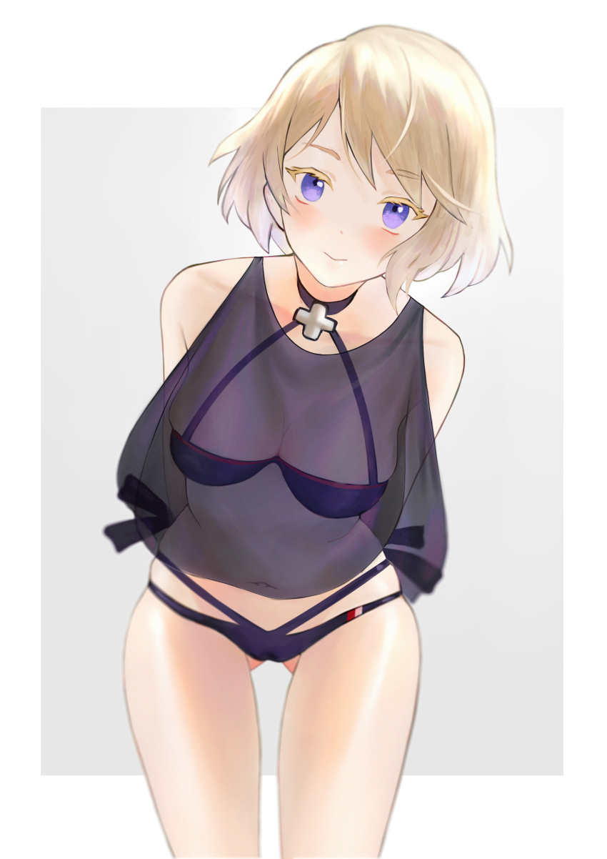 1girl absurdres azur_lane bare_legs blonde_hair blue_eyes blue_swimsuit blush breasts cl_(summer_sama) cross cross_necklace highres jewelry leaning_forward legs looking_at_viewer medium_breasts navel necklace short_hair simple_background smile solo stomach swimsuit thighs z23_(azur_lane) z23_(two-man_cell_match!)_(azur_lane)
