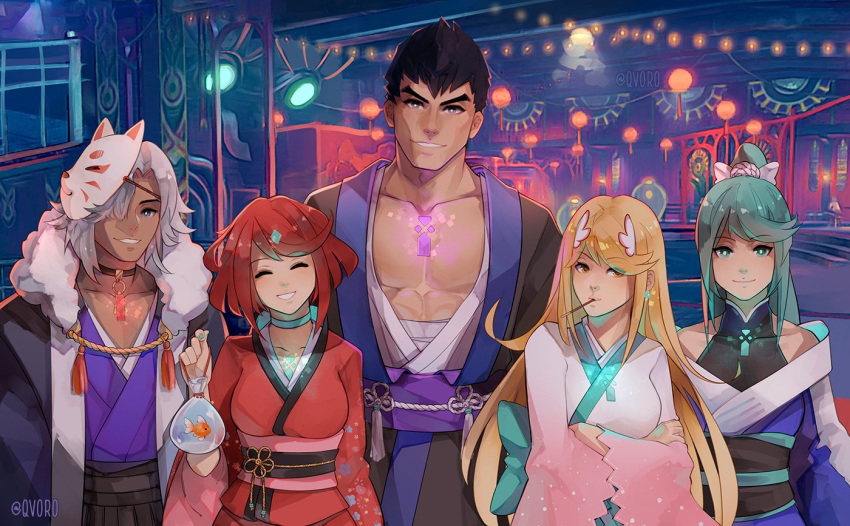 2boys 3girls alternate_costume alvis bangs black_hair blonde_hair breasts chest_jewel choker closed_eyes festival fish food fox_mask goldfish green_eyes grin height_difference mythra_(xenoblade) pyra_(xenoblade) japanese_clothes kimono large_breasts looking_at_viewer mask metsu_(xenoblade) multiple_boys multiple_girls night pectorals pneuma_(xenoblade) pocky qvoro red_kimono redhead sarashi silver_hair smile swept_bangs violet_eyes white_kimono xenoblade_(series) xenoblade_1 xenoblade_2 yellow_eyes