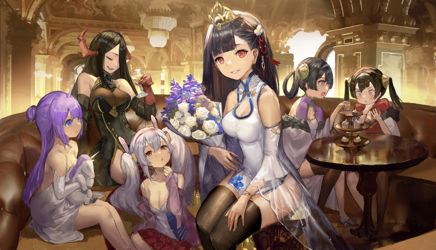 6+girls :d :t absurdres asphyxiation azur_lane bangs black_hair black_legwear blue_eyes blunt_bangs bouquet bracelet breasts choking closed_eyes cupcake detached_sleeves dress flower food friedrich_der_grosse_(azur_lane) gloves hair_bun hair_flower hair_ornament hair_rings hairband highres horns indoors jewelry laffey_(azur_lane) large_breasts medium_breasts messikid multiple_girls ning_hai_(azur_lane) open_mouth parted_bangs parted_lips ping_hai_(azur_lane) purple_hair red_eyes ring short_dress sidelocks sitting smile thigh-highs tiara twintails unicorn_(azur_lane) violet_eyes wedding_band white_dress yat_sen_(azur_lane)