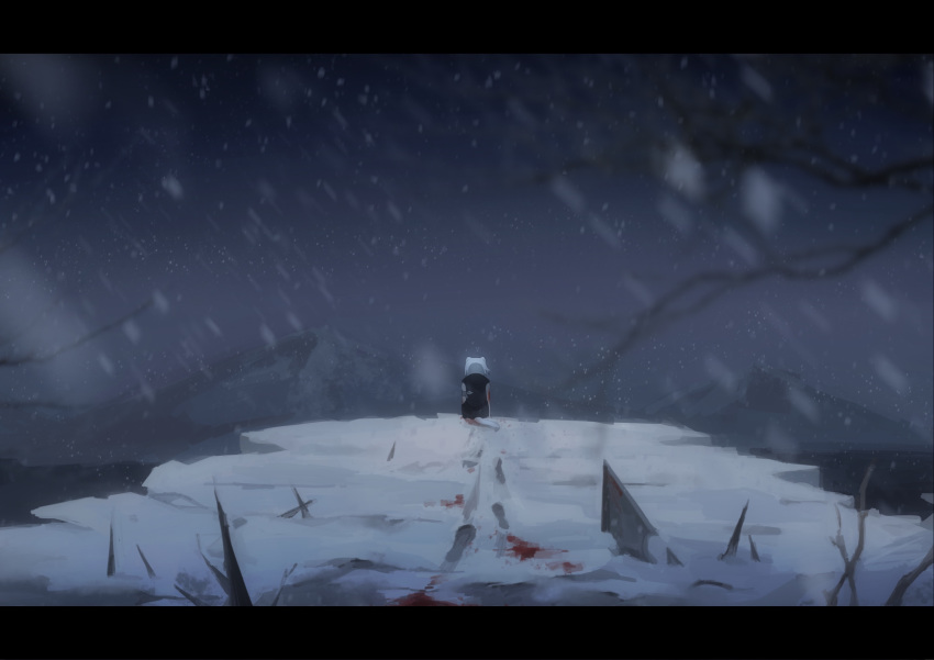 1girl animal_ears arknights back black_robe blood branch cat_ears cat_tail cliff commentary footprints from_behind highres kagura_tohru letterboxed mountain outdoors shirayuki_(arknights) short_hair shuriken snow solo symbol_commentary tail white_hair