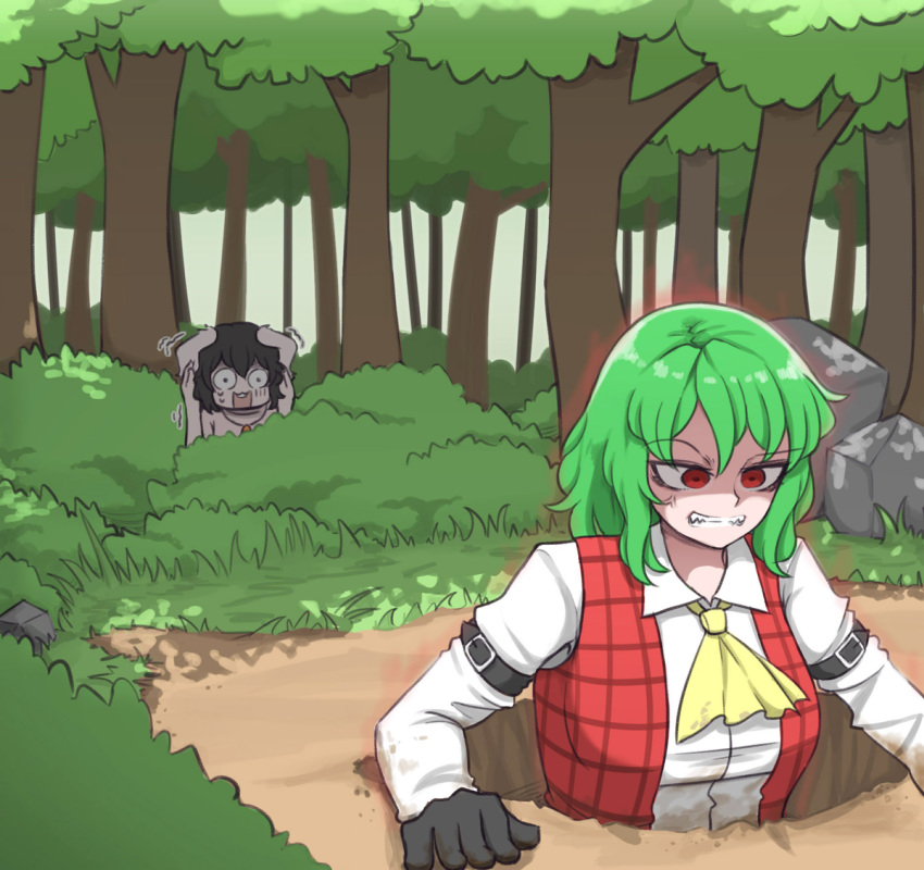 anger_vein angry animal_ears ascot aura black_gloves black_hair bush closed_mouth collar eyebrows_visible_through_hair forest gloves green_hair inaba_tewi kazami_yuuka mata_(matasoup) medium_hair nature open_mouth pink_shirt pitfall plaid plaid_vest rabbit_ears red_eyes rock scared shirt stuck sweat tagme teeth touhou tree vest white_collar white_shirt yellow_neckwear