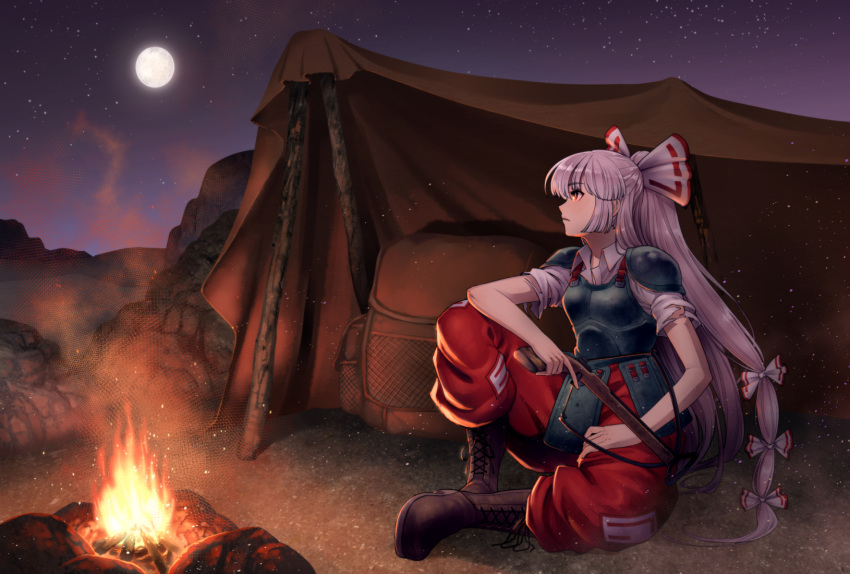 1girl armor backpack backpack_removed bag bonfire boots bow bow_(weapon) campfire chiaki_rakutarou cross-laced_footwear crossbow fire fujiwara_no_mokou hair_bow highres lace-up_boots leg_up long_hair moon night night_sky outdoors silver_hair sitting sky solo tent torn_clothes touhou trigger_discipline weapon
