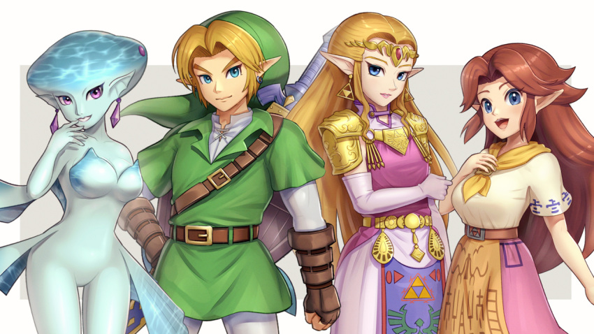 1boy 3girls :d belt blonde_hair blue_eyes breasts cowboy_shot dress earrings elbow_gloves gloves gonzarez green_tunic jewelry large_breasts link long_hair looking_at_viewer malon master_sword medium_breasts multiple_girls neckerchief no_pussy older open_mouth pointy_ears princess_ruto princess_zelda redhead short_sleeves smile the_legend_of_zelda the_legend_of_zelda:_ocarina_of_time triforce tunic violet_eyes