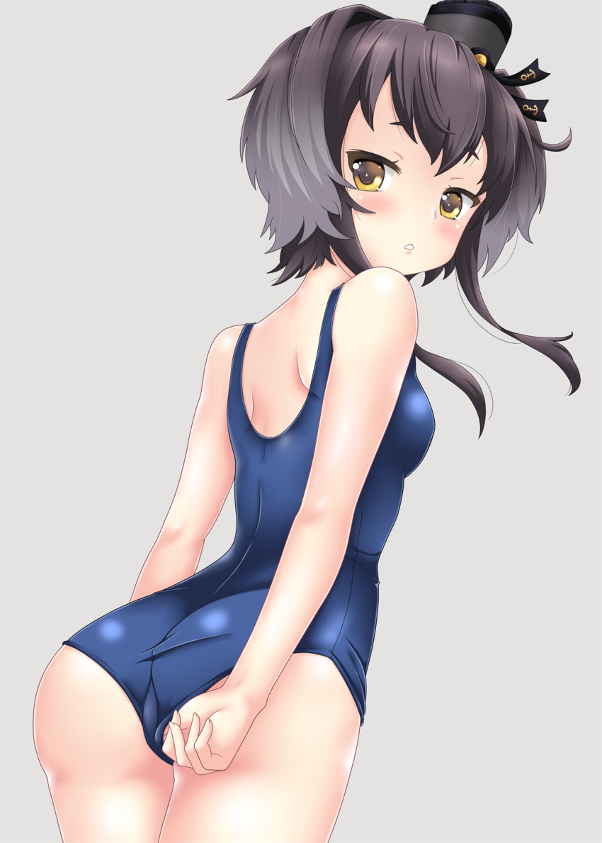 1girl adjusting_clothes adjusting_swimsuit ass back black_hair blush breasts brown_eyes eyebrows_visible_through_hair gradient_hair grey_background hat highres kantai_collection looking_at_viewer looking_back mini_hat multicolored_hair nendoroya school_swimsuit short_hair short_hair_with_long_locks small_breasts solo swimsuit tokitsukaze_(kantai_collection)