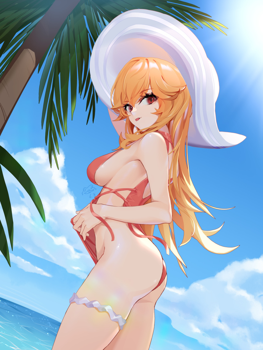 1girl :p absurdres ass azur_lane bangs blue_sky breasts casual_one-piece_swimsuit clouds day dutch_angle eyebrows_visible_through_hair from_side hat highres lifted_by_self long_hair looking_at_viewer looking_to_the_side medium_breasts one-piece_swimsuit orange_hair outdoors palm_tree pink_swimsuit red_eyes richelieu_(kantai_collection) sideboob signature sky solo sun_hat sunlight swimsuit swimsuit_lift thigh_strap tongue tongue_out tree very_long_hair water white_headwear wucanming