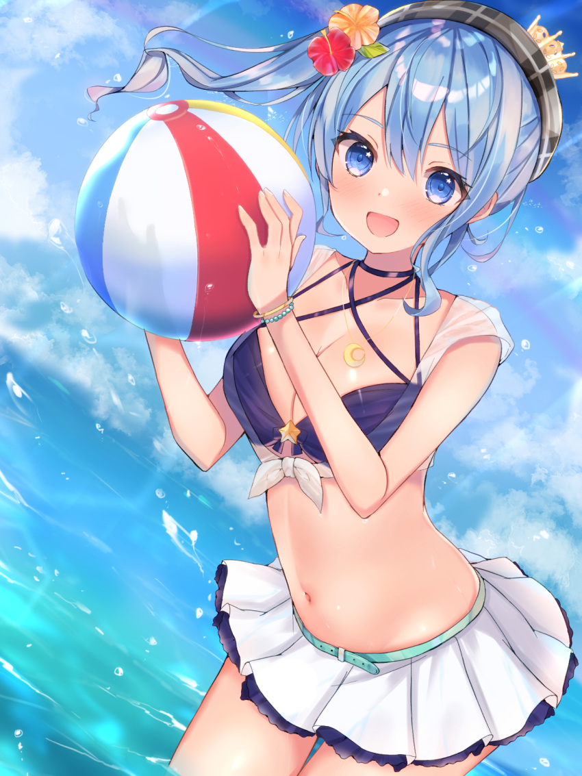 1girl :d ball beach beachball belt beret blue_eyes blue_hair bracelet crown eyebrows_visible_through_hair flower hair_flower hair_ornament hat highres hololive hoshimachi_suisei jewelry mi_taro333 midriff mini_crown navel necklace open_mouth side_ponytail skirt smile solo swimsuit virtual_youtuber water