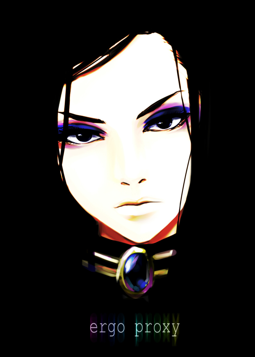 1girl bad_id bad_pixiv_id black_background black_eyes black_hair brooch closed_mouth copyright_name ergo_proxy eyeshadow face highres jewelry long_hair looking_at_viewer makeup masami_chie pale_skin portrait re-l_mayer simple_background solo