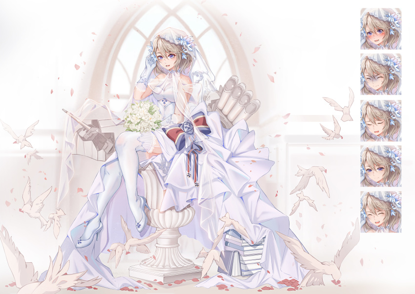 1girl 333_(pixiv8601259) absurdres alternate_costume arm_up azur_lane bare_shoulders bird blonde_hair blush book bouquet breasts bridal_veil bride closed_eyes commentary_request cross dress elbow_gloves eyebrows_visible_through_hair flower gloves hair_between_eyes hair_flower hair_ornament highres long_hair looking_at_viewer medium_breasts multiple_views open_mouth petals pigeon shoes short_hair sitting smile solo thigh-highs torpedo_tubes turret veil violet_eyes wedding_dress white_background white_dress white_footwear z23_(azur_lane)