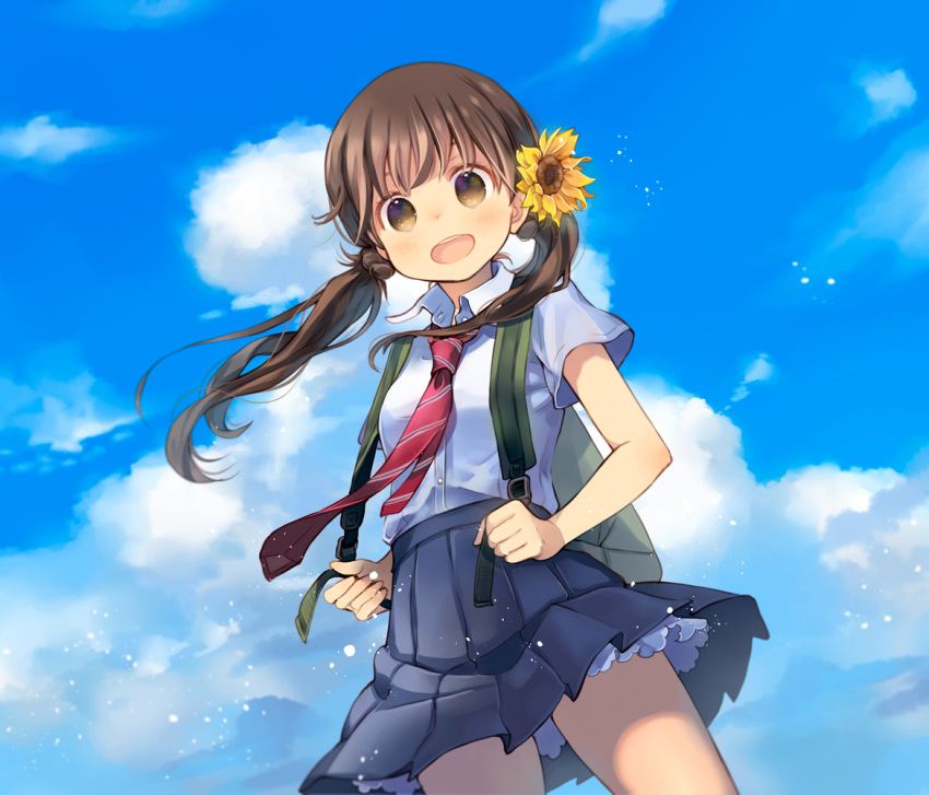1girl :d backpack bag blue_skirt blue_sky brown_eyes brown_hair clouds cloudy_sky collared_shirt cowboy_shot day floating_hair flower hair_flower hair_ornament kuga_tsukasa long_hair looking_at_viewer necktie open_mouth original outdoors pleated_skirt red_neckwear shirt skirt sky smile solo standing sunflower sunflower_hair_ornament twintails white_shirt wing_collar