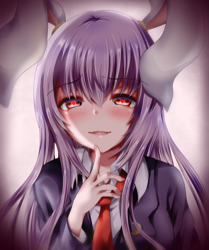 1girl absurdres animal_ears blazer blouse commentary commentary_request crescent crescent_moon_pin eyebrows_visible_through_hair finger_to_mouth guchadoro heart heart-shaped_pupils highres jacket lavender_hair long_hair necktie open_mouth purple_hair rabbit_ears red_eyes red_neckwear reisen_udongein_inaba solo symbol-shaped_pupils touhou upper_body