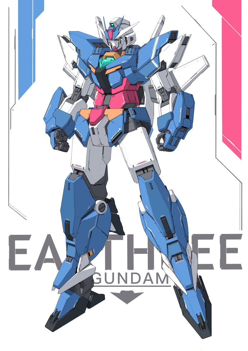 absurdres character_name clenched_hand ctpt9r earthree_gundam green_eyes gundam gundam_build_divers gundam_build_divers_re:rise highres looking_down mecha no_humans solo standing v-fin white_background