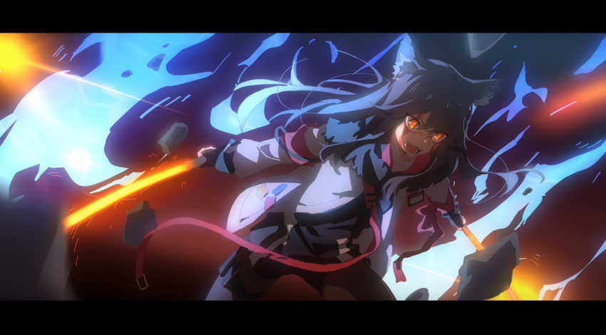 1girl action animal_ear_fluff animal_ears arknights aura black_gloves black_hair black_legwear black_shirt black_shorts blood blood_on_face cowboy_shot dual_wielding eyebrows_visible_through_hair gloves glowing glowing_eyes glowing_sword glowing_weapon hair_between_eyes holding holding_sword holding_weapon injury jacket kagura_tohru letterboxed long_hair long_sleeves name_tag open_mouth pantyhose red_eyes rubble shirt short_shorts shorts shouting solo strap sword texas_(arknights) torn_clothes weapon white_jacket wolf_ears