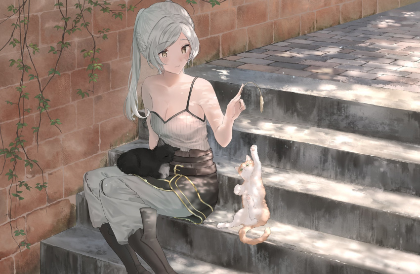 1girl 2others animal blush boots breasts cat cute feline female_my_unit_(fire_emblem:_kakusei) fire_emblem fire_emblem:_kakusei fire_emblem_13 fire_emblem_awakening human intelligent_systems long_hair mammal my_unit_(fire_emblem:_kakusei) nintendo pants reflet reflet_(girl) robe_removed robin_(fire_emblem) robin_(fire_emblem)_(female) snk_anm stairs tank_top twintails wall white_hair