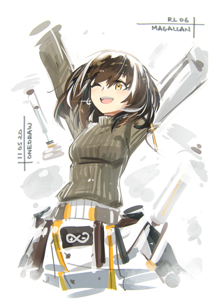 1girl ;d arknights arms_up breasts brown_hair character_name cropped_torso deel_(rkeg) drone grey_sweater highres long_sleeves looking_up magallan_(arknights) medium_breasts one_eye_closed open_mouth rhine_lab_logo ribbed_sweater short_hair simple_background smile solo sweater turtleneck turtleneck_sweater white_background yellow_eyes