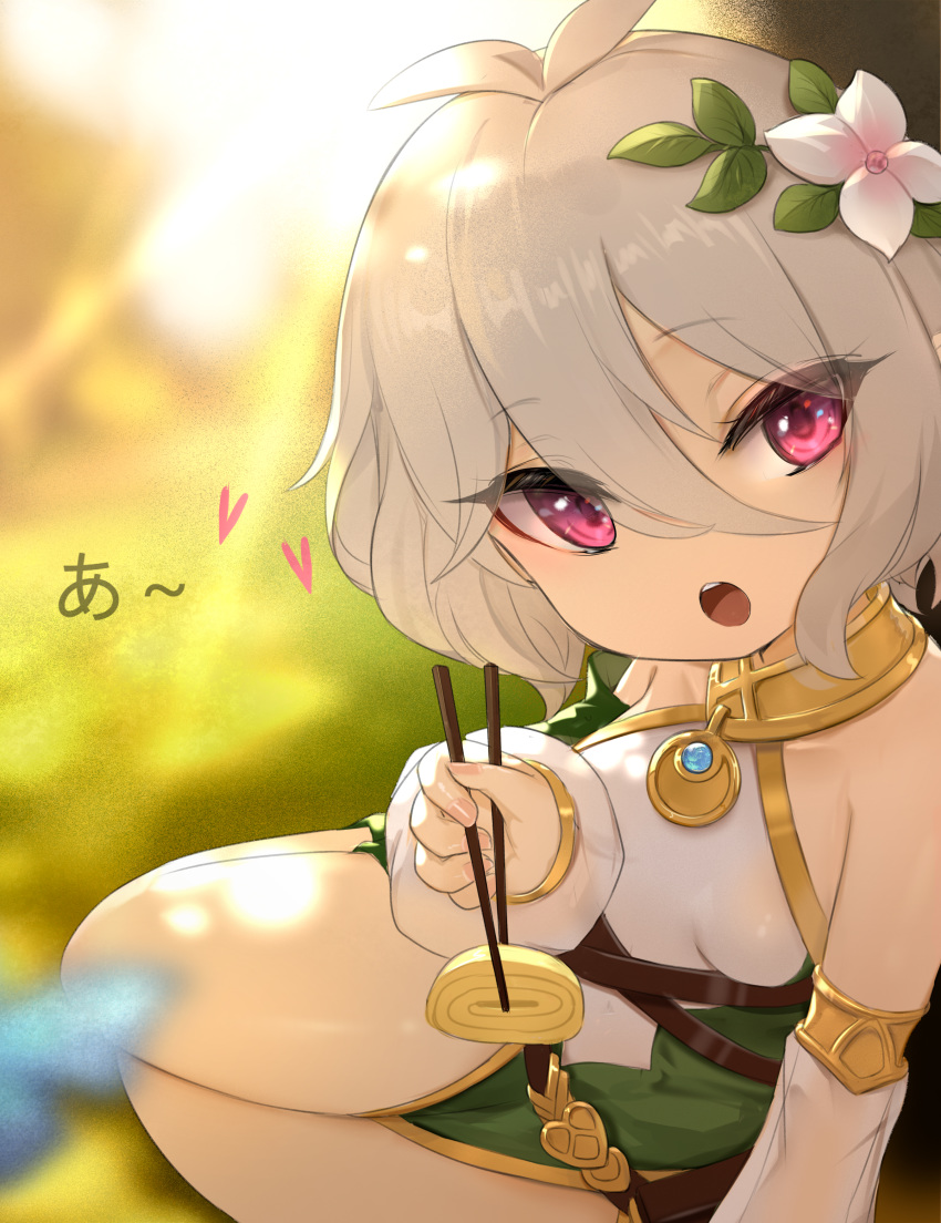 1girl absurdres bare_shoulders chopsticks detached_sleeves eyebrows_visible_through_hair flower hair_between_eyes hair_flower hair_ornament heart highres kokkoro_(princess_connect!) looking_at_viewer omelet open_mouth princess_connect! princess_connect!_re:dive short_hair sitting smile solo tamagoyaki teeth undeedking violet_eyes yokozuwari