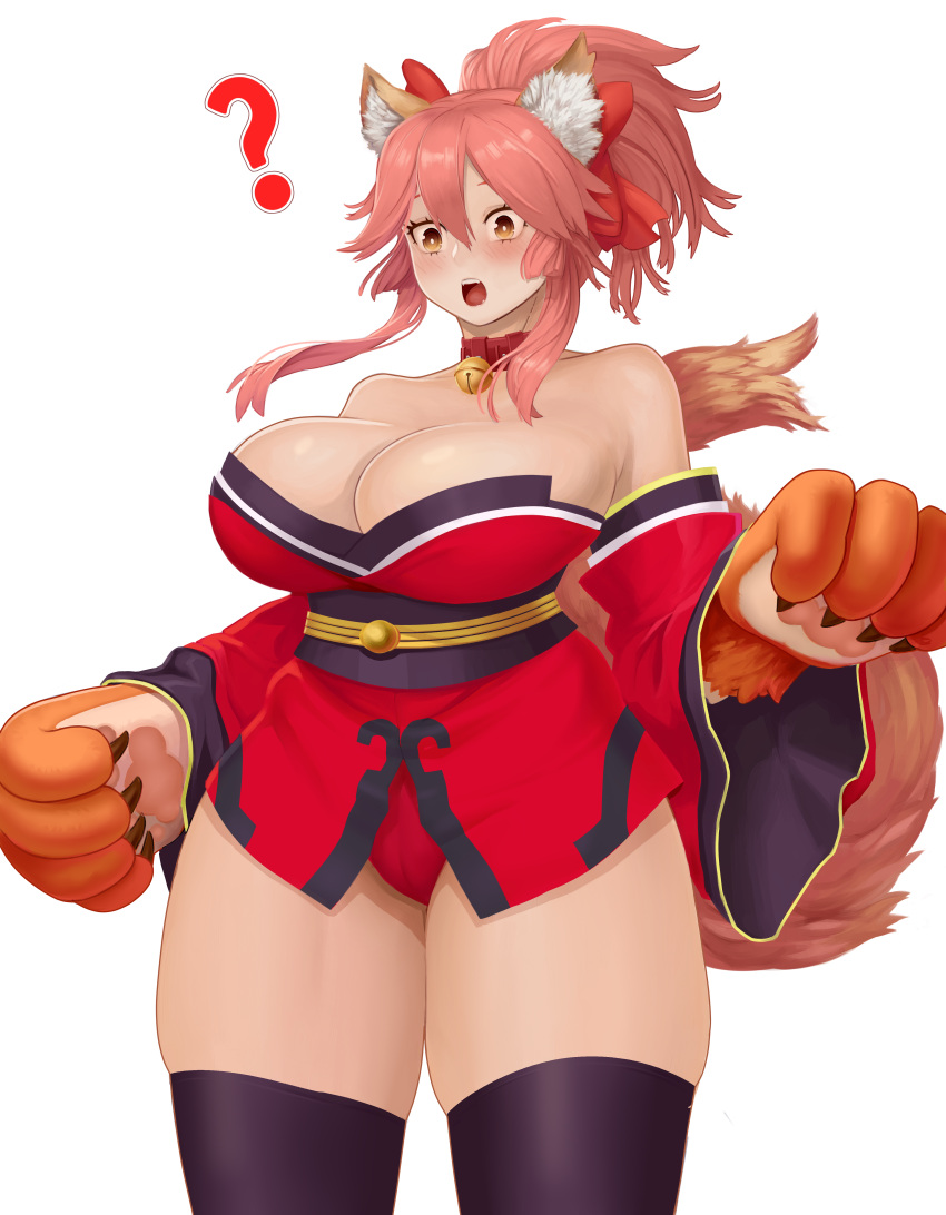 1girl ? absurdres animal_collar animal_ear_fluff animal_ears animal_hands bell black_legwear blush bow breasts choker claws collar commentary commission cowboy_shot english_commentary fate/grand_order fate_(series) fox_ears fox_tail hair_between_eyes hair_bow highres huge_breasts japanese_clothes jingle_bell kimono long_sleeves looking_at_viewer materclaws medium_hair neck_bell open_mouth orange_eyes panties pink_hair ponytail red_bow red_choker red_kimono red_panties short_kimono simple_background solo tail tamamo_(fate) tamamo_cat_(fate) thick_thighs thigh-highs thighs transparent_background underwear wide-eyed