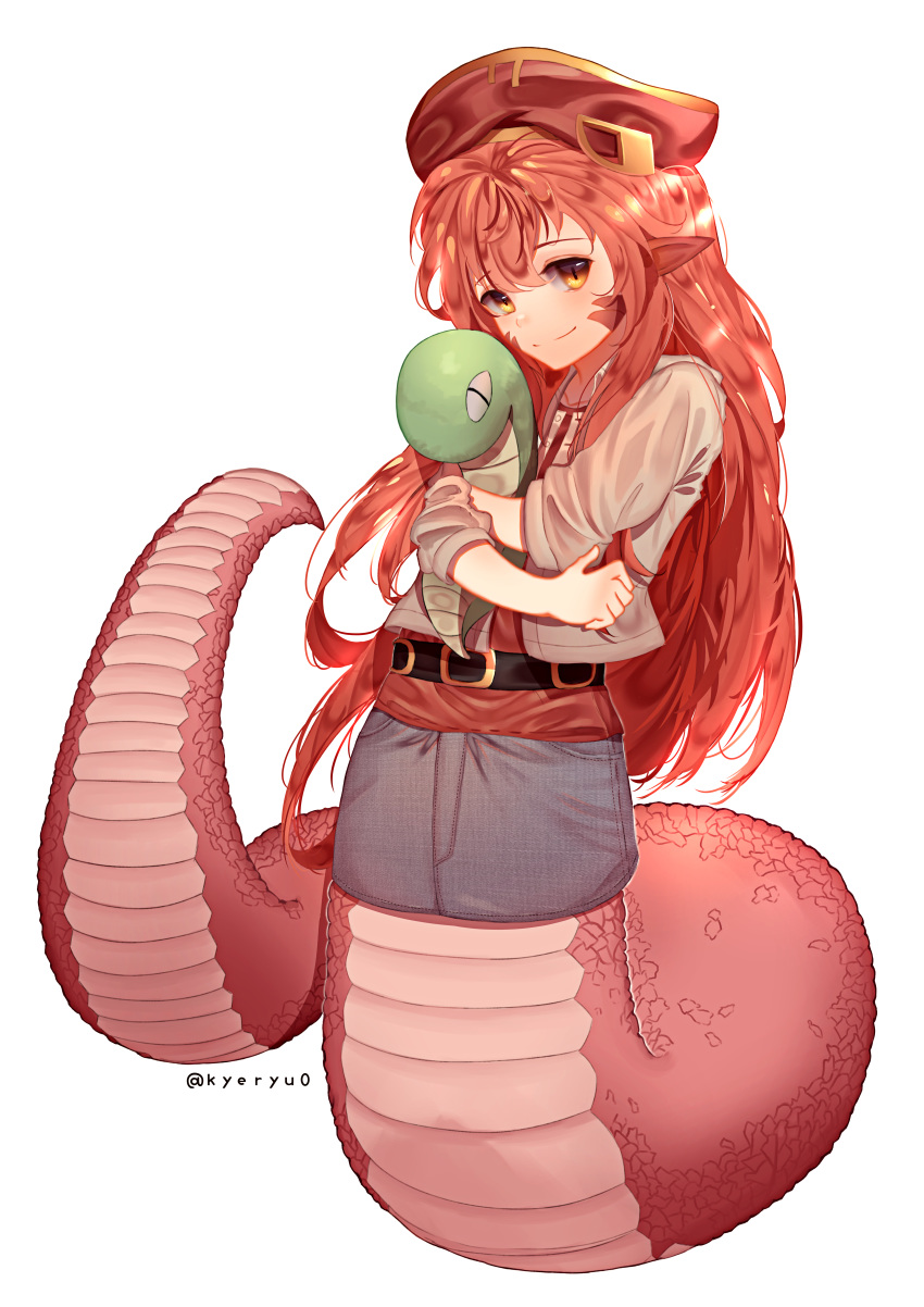 1girl absurdres hair_ornament hairclip hat highres huge_filesize kyeryu0 lamia long_hair looking_at_viewer miia_(monster_musume) monster_girl monster_musume_no_iru_nichijou pointy_ears redhead scales slit_pupils smile solo stuffed_toy yellow_eyes younger