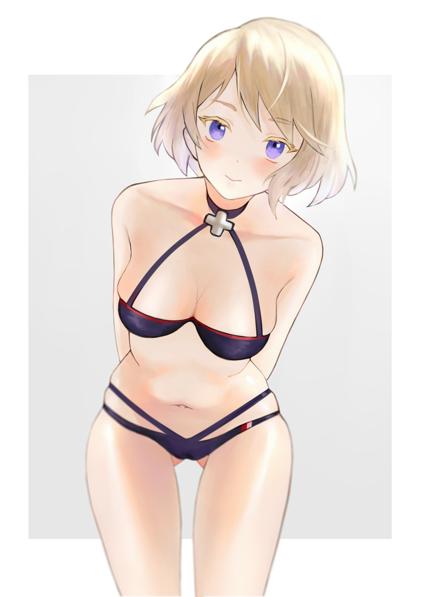 1girl absurdres azur_lane bare_legs blonde_hair blue_eyes blue_swimsuit blush breasts cl_(summer_sama) cross cross_necklace highres jewelry leaning_forward legs looking_at_viewer medium_breasts navel necklace short_hair simple_background smile solo stomach swimsuit thighs z23_(azur_lane) z23_(two-man_cell_match!)_(azur_lane)