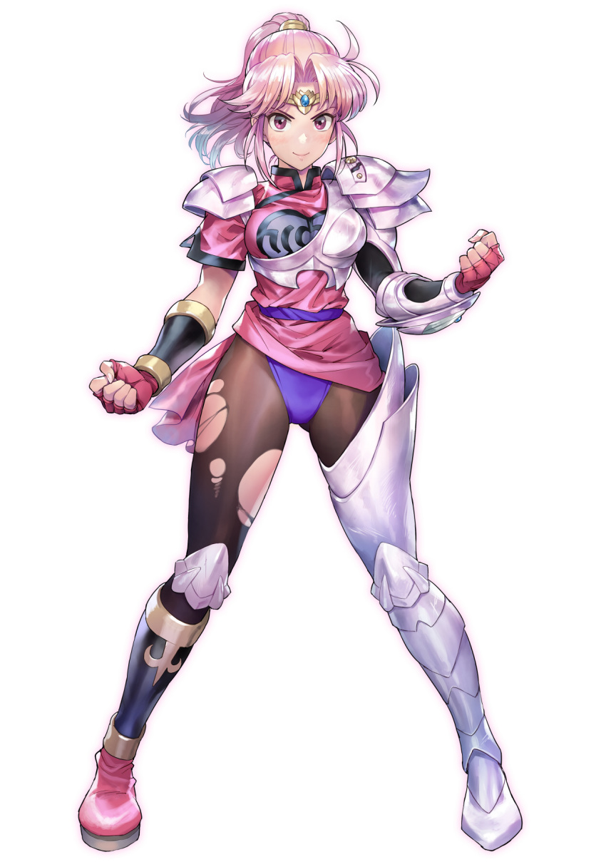 &gt;:) 1girl armor black_legwear circlet clenched_hands commentary_request dragon_quest dragon_quest_dai_no_daibouken fingerless_gloves full_body gloves greaves highres knee_guards long_hair looking_at_viewer maam matsuda_(matsukichi) pantyhose pauldrons pink_footwear pink_gloves pink_hair shoes simple_background solo standing torn_clothes torn_legwear v-shaped_eyebrows violet_eyes white_background