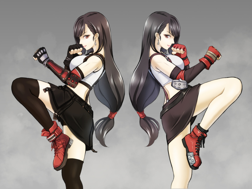 arm_guards black_gloves black_hair black_skirt brown_eyes crop_top dual_persona earrings elbow_gloves fighting_stance final_fantasy final_fantasy_vii final_fantasy_vii_remake fingerless_gloves from_side gloves grey_background highres ivuki jewelry leg_up long_hair looking_at_viewer low-tied_long_hair red_footwear red_gloves shorts shorts_under_skirt skirt sleeveless smile suspenders thigh-highs tifa_lockhart