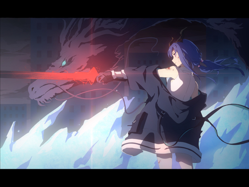1girl anime_coloring arknights black_gloves black_jacket blood blood_on_face blue_hair ch'en_(arknights) city closed_mouth collared_shirt cuts dragon dragon_horns floating_hair from_side gloves glowing glowing_sword glowing_weapon highres holding holding_sword holding_weapon horns ice injury jacket kagura_tohru letterboxed long_hair off_shoulder outdoors profile red_eyes shirt sleeveless sleeveless_shirt solo standing sword twintails weapon white_shirt
