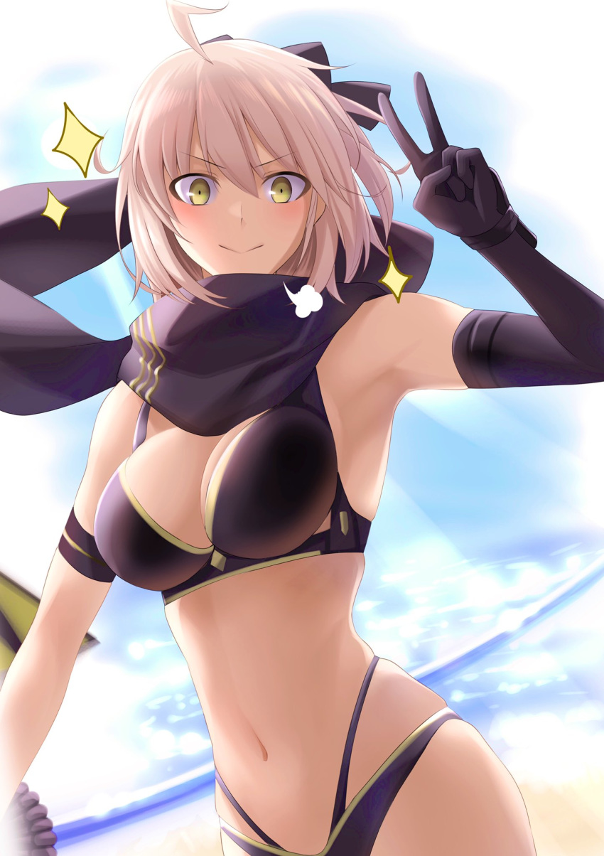 1girl ahoge asymmetrical_gloves bangs bikini black_bikini black_bow black_gloves black_scarf blonde_hair blush bow breasts fate/grand_order fate_(series) gloves hair_bow highleg highleg_bikini highres looking_at_viewer multi-strapped_bikini navel okita_souji_(fate)_(all) okita_souji_(swimsuit_assassin)_(fate) scarf short_hair single_glove smile swimsuit takagi_mitsukuni yellow_eyes