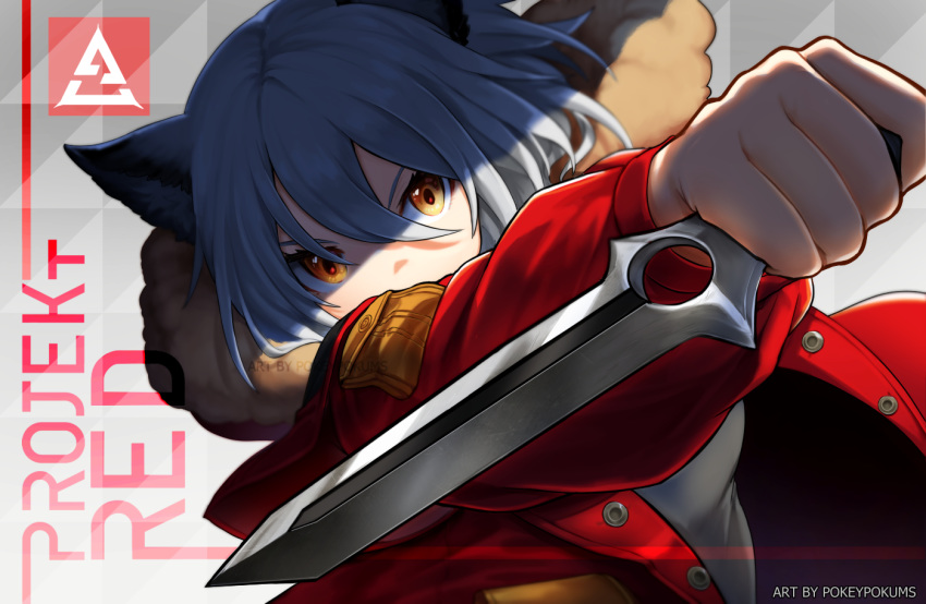 1girl animal_ears arknights artist_name bangs character_name english_text fur fur-trimmed_hood fur_trim grey_background grey_hair hair_between_eyes holding holding_knife holding_weapon hood hood_down hooded_jacket jacket knife long_sleeves looking_at_viewer open_clothes orange_eyes pocket pokey projekt_red_(arknights) red_jacket shaded_face shadow simple_background solo upper_body weapon wolf_ears