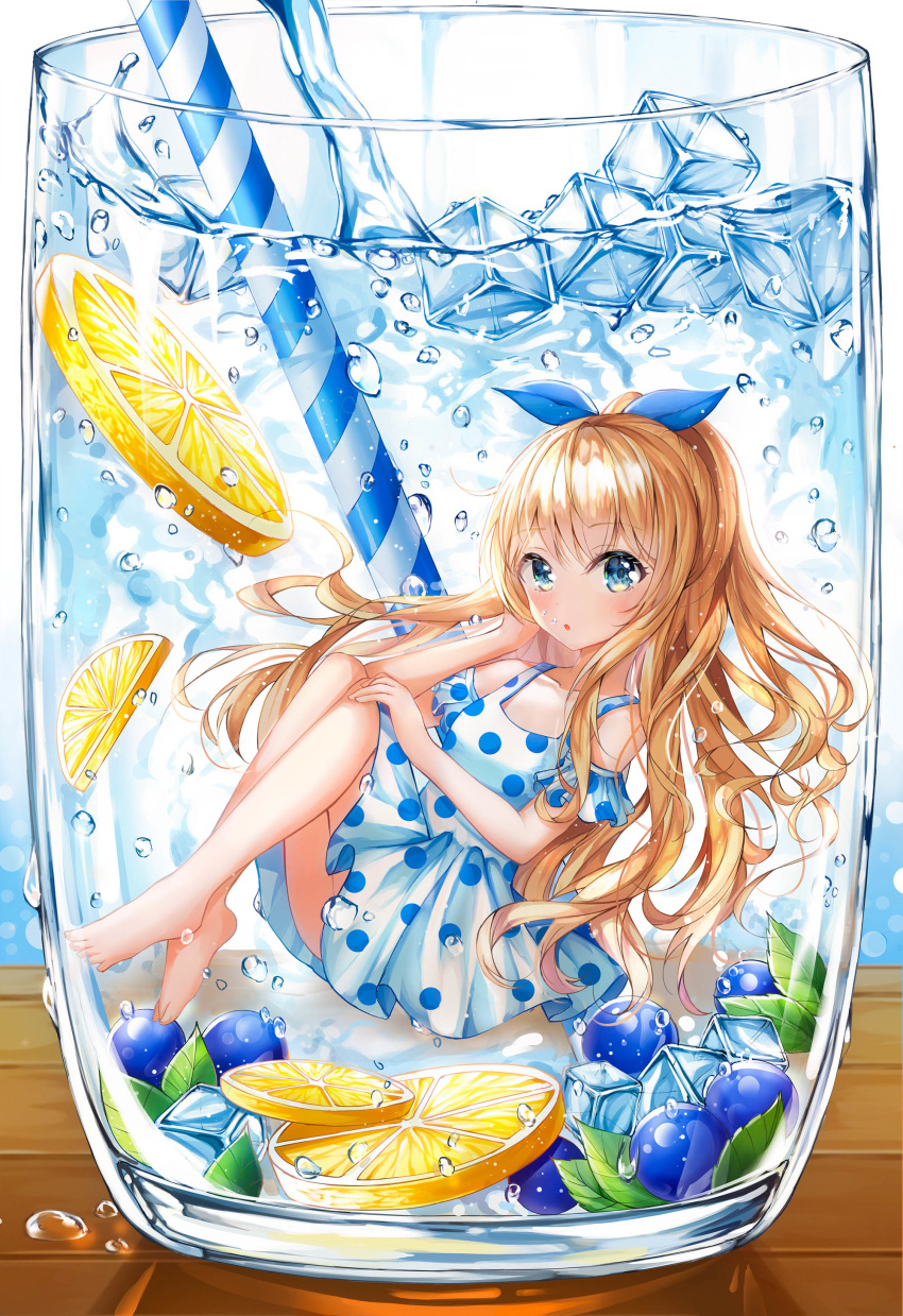1girl absurdres bangs blonde_hair blue_dress blue_eyes blueberry bubble cup dress drinking_straw eyebrows_visible_through_hair food fruit glass hair_ribbon highres ice ice_cube in_container leaf legs_together lemon lemon_slice long_hair minigirl open_mouth original polka_dot polka_dot_dress pouring ribbon sitting ssum_(ehf_dustk) submerged underwater water water_drop wooden_table