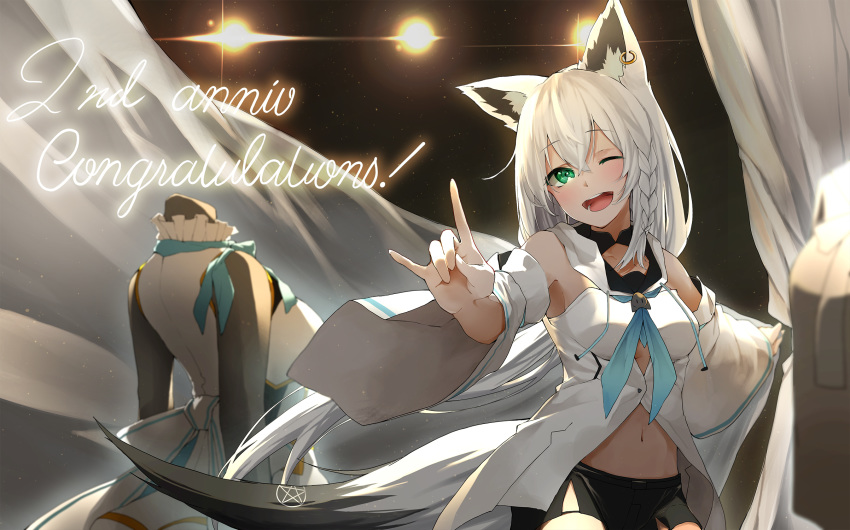 1girl ;d animal_ears anniversary braid breasts curtains detached_sleeves english_text eyebrows_visible_through_hair fox_ears fox_tail green_eyes head_tilt highres hololive jewelry long_hair long_sleeves looking_at_viewer mannequin medium_breasts navel number one_eye_closed open_mouth shirakami_fubuki single_earring smile solo tail toto_(kuro_toto) very_long_hair virtual_youtuber white_hair wide_sleeves