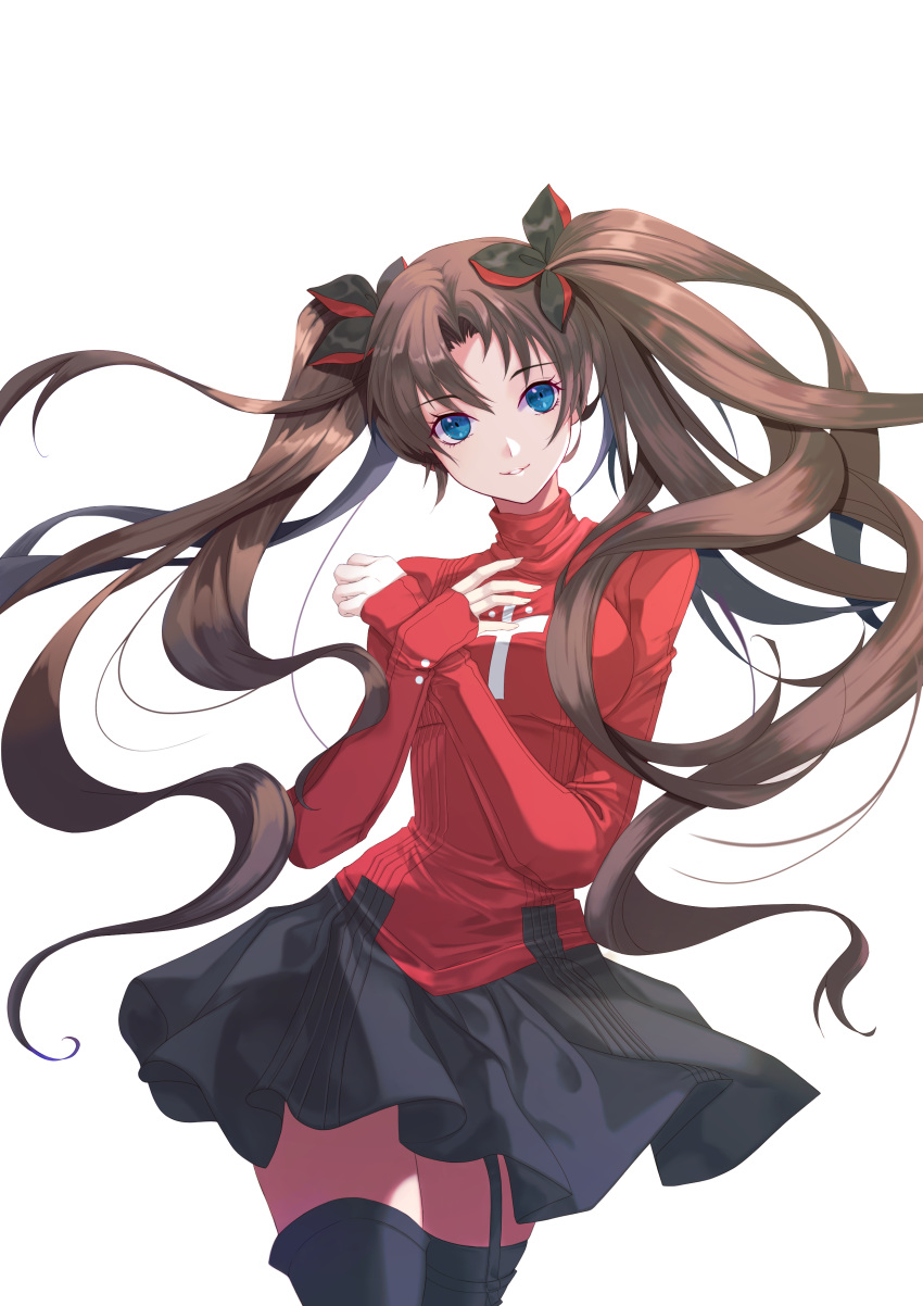 1girl absurdres arms_up bangs black_legwear black_skirt blue_eyes breasts brown_hair chicken_(dalg-idalg) closed_mouth collar cross crossed_arms fate/stay_night fate_(series) floating floating_hair hair_ribbon highres long_hair long_sleeves looking_at_viewer parted_bangs red_shirt ribbon shirt simple_background skirt sleeves_past_wrists smile solo thigh-highs toosaka_rin turtleneck twintails upper_body very_long_hair white_background zettai_ryouiki
