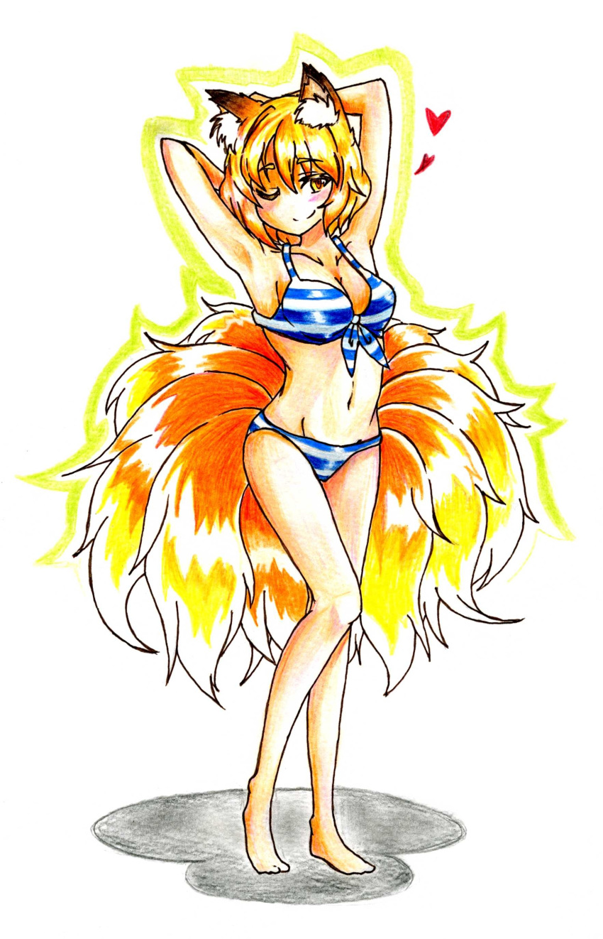 1girl absurdres animal_ears armpits arms_up bikini blonde_hair blue_bikini breasts collarbone fox_ears fox_tail goku_(acoloredpencil) heart highres looking_at_viewer mound_of_venus multiple_tails navel outline posing shadow short_hair smile solo striped striped_bikini striped_swimsuit swimsuit tail touhou traditional_media white_background wink yakumo_ran yellow_eyes