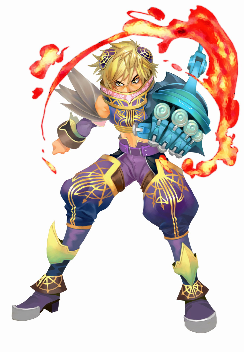 armor billposter blonde_hair fire flames flyff highres male weapon