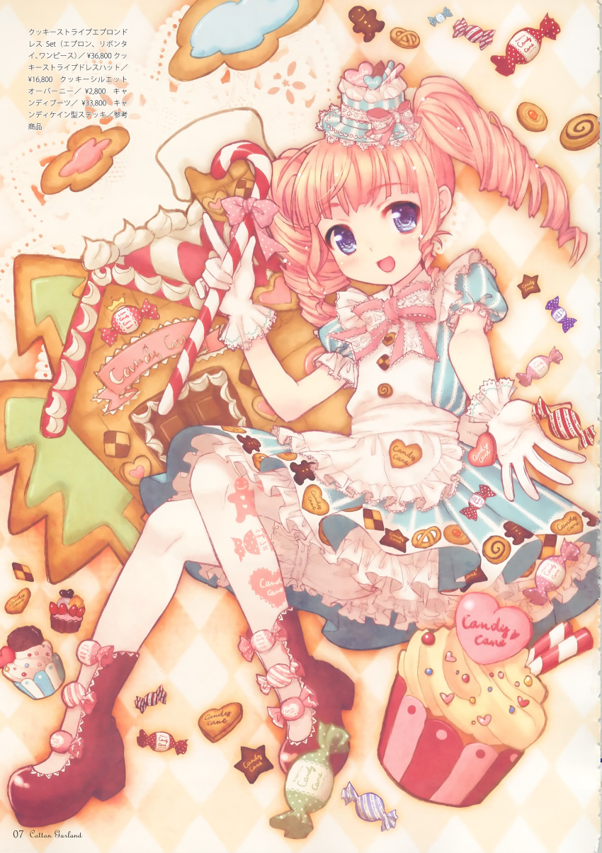 apron argyle asaki_yuzuno bloomers boots candy candy_cane checkerboard_cookie cookie cupcake dress drill_hair food food_themed_clothes gingerbread_house gloves hat highres mini_top_hat pink_hair purple_eyes ribbon ribbons top_hat twintails violet_eyes yuzuno_asaki