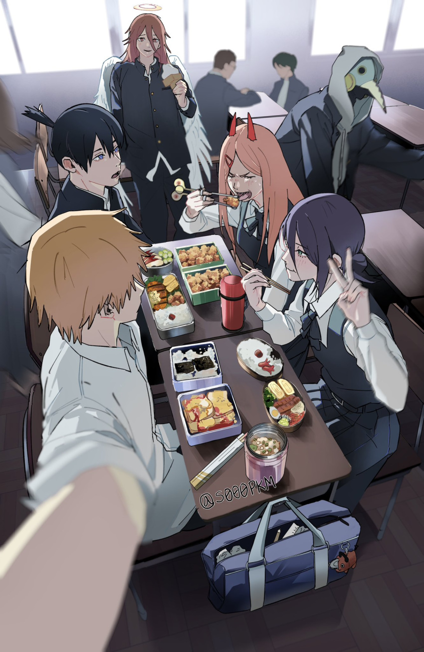 2girls 4boys androgynous angel angel_devil_(chainsaw_man) angel_wings bento black_hair blonde_hair blue_eyes cafeteria chainsaw_man character_charm charm_(object) chopsticks collared_shirt crying denji_(chainsaw_man) eating feathered_wings fourth_east_high_school_uniform from_above halo hashtag-only_commentary hayakawa_aki highres holding holding_chopsticks holding_ice_cream_cone holding_with_chopsticks hood hood_up hoodie horns ice_cream_cone multiple_boys multiple_girls pink_hair plague_doctor_mask pochita_(chainsaw_man) power_(chainsaw_man) purple_hair red_hair red_horns reze_(chainsaw_man) s000pkm school_uniform selfie shirt sleeves_rolled_up table topknot traditional_halo v violence_fiend_(chainsaw_man) white_shirt white_wings wings