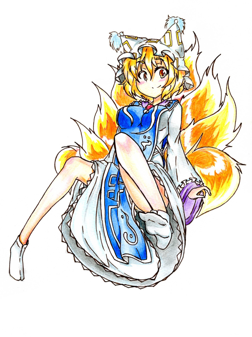 1girl absurdres blonde_hair breasts dress fox_tail goku_(acoloredpencil) hat highres long_sleeves looking_at_viewer multiple_tails outstretched_foot short_hair simple_background sitting smile solo spread_legs tabard tabi tail touhou traditional_media white_background wide_sleeves yakumo_ran yellow_eyes