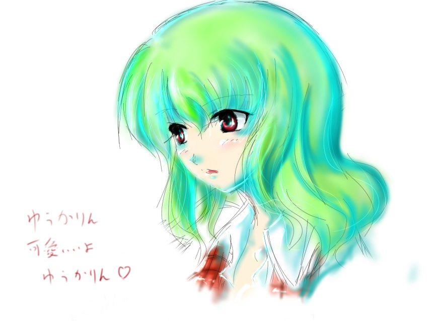 blush face green_hair highres kazami_yuuka plaid_vest red_eyes short_hair touhou translated tsuki_hana white_background