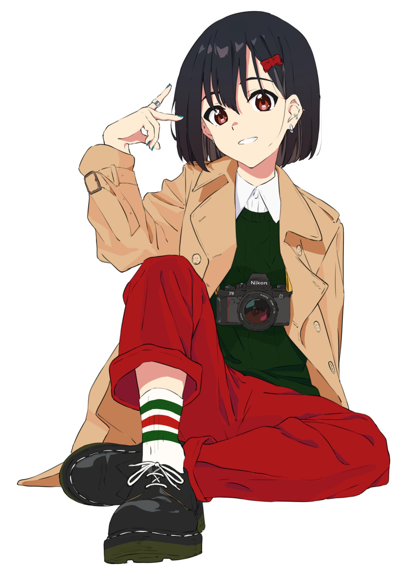 1girl absurdres bangs beige_jacket black_footwear black_hair bow camera collared_shirt dress_shirt earrings gekijouban_hibike!_euphonium green_sweater hair_bow hand_up hibike!_euphonium highres hisaishi_kanade jacket jewelry knee_up long_sleeves looking_at_viewer nail_polish pants parted_lips red_bow red_eyes red_pants sakurayama_(59_sakurayama) shirt shoes short_hair simple_background sitting smile socks solo sweater trench_coat two-tone_background v white_background white_legwear white_shirt