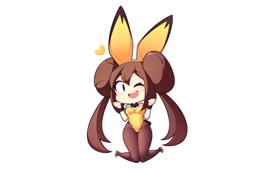 1girl alternate_costume animal_ears black_legwear blue_eyes blush brown_hair chibi commission double_bun eyebrows_visible_through_hair fake_animal_ears fizintine full_body hairband heart high_heels highres long_hair looking_at_viewer mei_(pokemon) one_eye_closed open_mouth pantyhose pokemon pokemon_(game) pokemon_bw2 smile solo twintails upper_teeth yellow_footwear