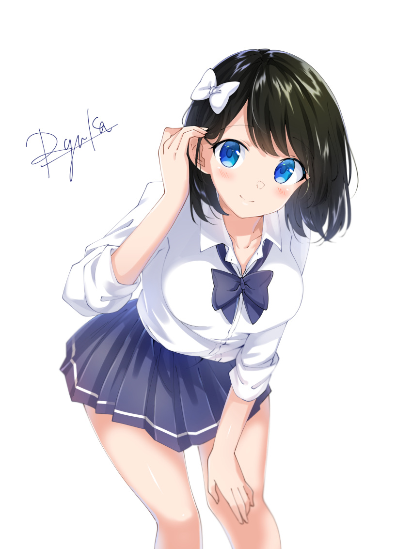 1girl adjusting_hair artist_name black_hair blue_bow blue_eyes blue_skirt bow breasts hair_bow hair_up hand_on_own_knee hand_up highres large_breasts leaning_forward miniskirt original ryuka school_uniform short_hair simple_background skirt solo uniform white_background white_bow