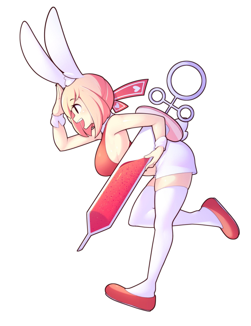 1girl absurdres animal_ears breasts bunny_girl bunny_tail crop_top english_commentary fiz_(fizintine) fizintine from_side full_body hair_ribbon heart highres holding holding_syringe large_breasts looking_away original pink_hair rabbit_ears red_footwear red_ribbon ribbon short_hair short_shorts shorts sideboob sidelocks solo syringe tail thigh-highs white_legwear white_shorts wrist_cuffs