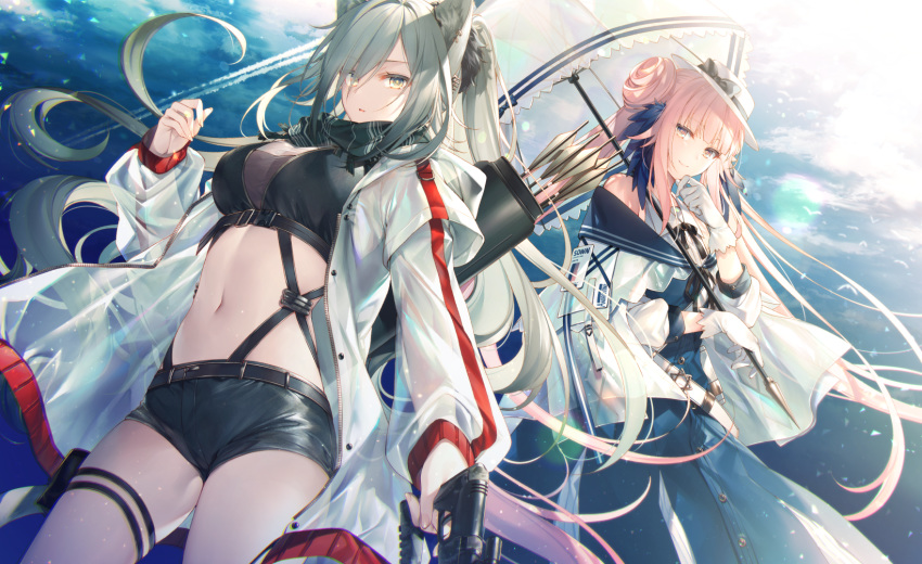 2girls animal_ears arknights arrow_(projectile) bare_shoulders belt black_shirt black_shorts blue_dress breasts cat_ears ceylon_(arknights) clouds coat condensation_trail crop_top dress floating_hair gloves grey_hair hair_bun hat highres holding jacket large_breasts long_hair long_sleeves looking_at_viewer midriff multiple_girls navel off-shoulder_coat open_clothes open_jacket parted_lips pink_hair ponytail pouch quiver schwarz_(arknights) see-through shirt short_shorts shorts sky sleeveless sleeveless_shirt smile stomach strap sun_hat thigh_strap thighs toosaka_asagi umbrella very_long_hair white_coat white_gloves white_headwear white_jacket yellow_eyes