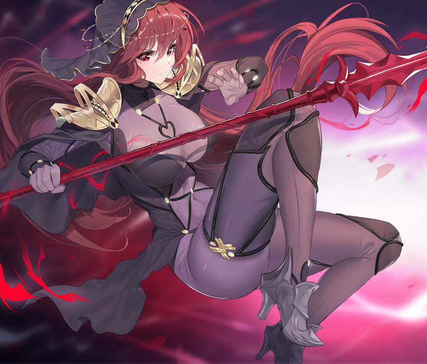 1girl bangs bodysuit breasts capelet closed_mouth commentary_request damda fate/grand_order fate_(series) hair_between_eyes large_breasts legs long_hair looking_at_viewer pauldrons polearm purple_hair red_eyes revision scathach_(fate)_(all) scathach_(fate/grand_order) shoulder_armor solo spear thighs veil weapon