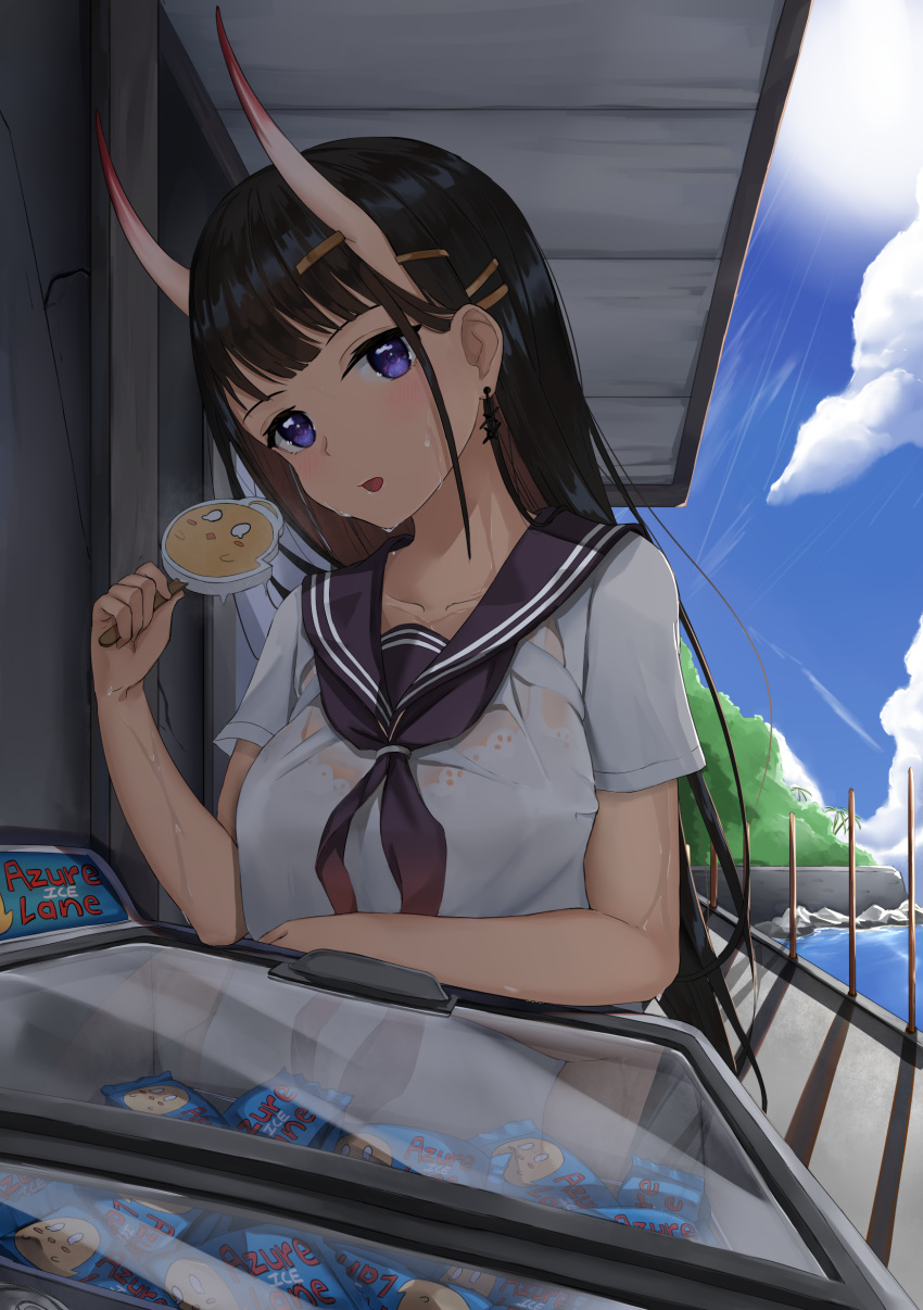 absurdres azur_lane bangs black_hair black_neckwear black_sailor_collar blue_sky blunt_bangs blush bra breasts building clouds day earrings food freezer hair_ornament hairclip highres holding holding_food jewelry long_hair looking_at_viewer manjuu_(azur_lane) medium_breasts neckerchief noshiro_(azur_lane) oni_horns open_mouth outdoors popsicle road sailor_collar school_uniform see-through serafuku shirt shore short_sleeves skai_kun skin-covered_horns sky street sweat underwear very_long_hair wet wet_clothes wet_shirt white_bra white_shirt