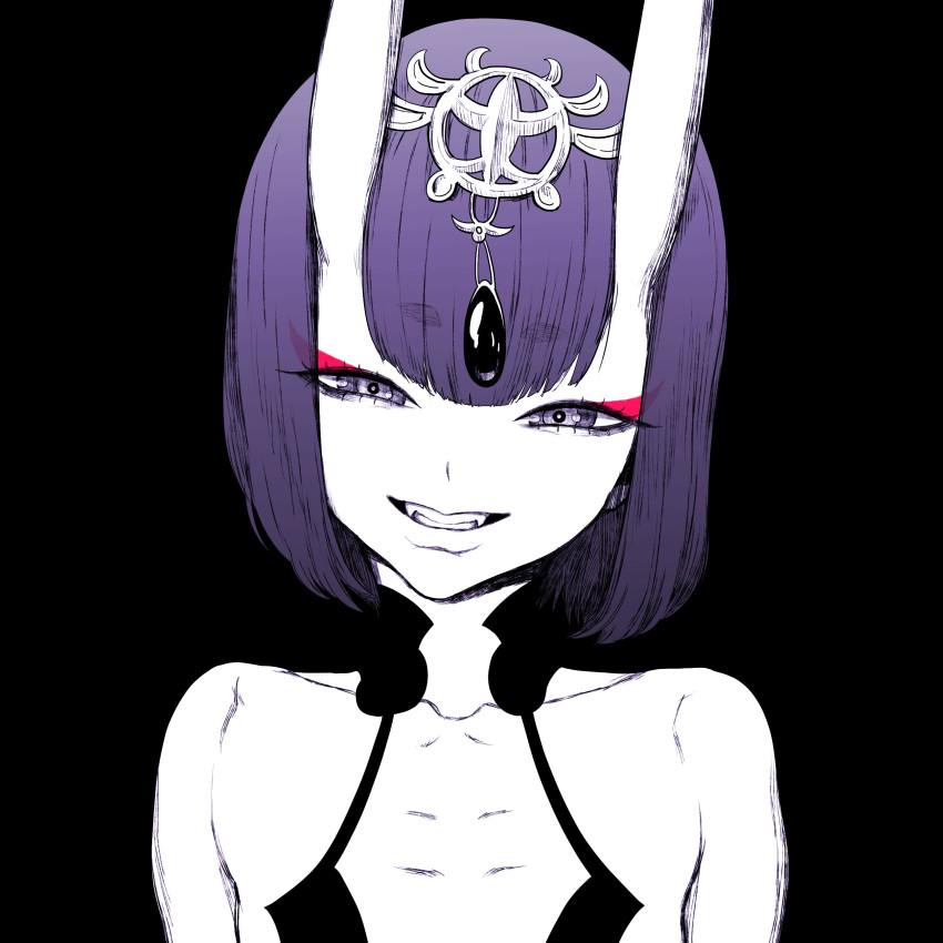 1girl absurdres bangs black_background collarbone eyeliner fangs fate/grand_order fate_(series) grin headphones highres horns makeup oni oni_horns purple_hair short_eyebrows short_hair shuten_douji_(fate/grand_order) simple_background skin-covered_horns smile solo tocky upper_body