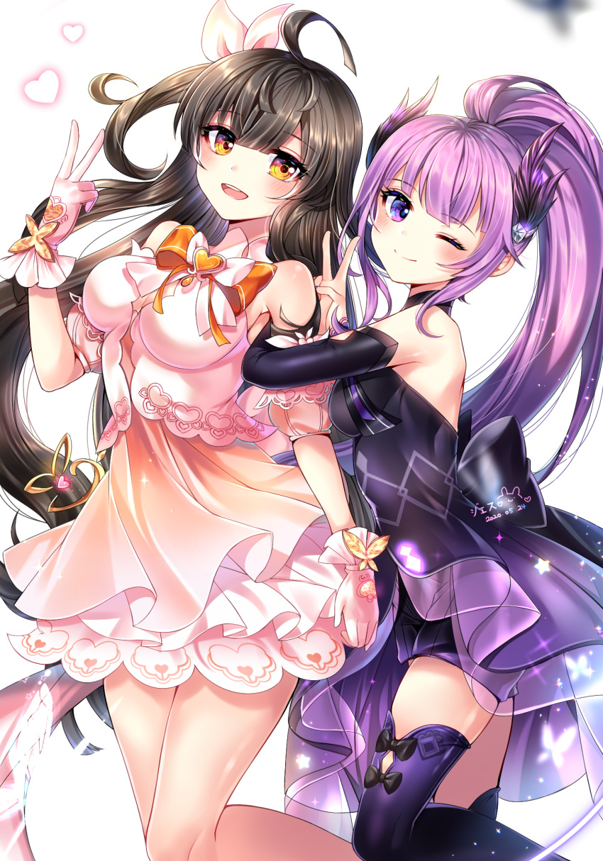 2girls :d ;) ahoge aisha_landar ara_haan bangs bare_shoulders black_bow black_dress black_hair black_sleeves blush bow breasts brown_dress brown_eyes brown_sleeves closed_mouth commentary_request detached_sleeves dress elsword eyebrows_visible_through_hair gloves hair_ribbon hand_up heart highres long_hair long_sleeves medium_breasts multiple_girls one_eye_closed one_side_up open_mouth pink_gloves pink_ribbon pleated_dress ponytail puffy_short_sleeves puffy_sleeves purple_hair purple_legwear ribbon shirt short_sleeves smile standing standing_on_one_leg thigh-highs upper_teeth v very_long_hair violet_eyes white_shirt xes_(xes_5377)