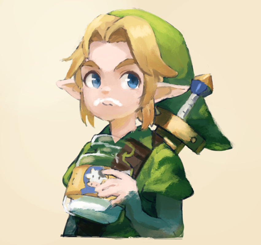 1boy blonde_hair blue_eyes bottle closed_mouth commentary english_commentary food food_on_face green_headwear green_shirt hat holding link looking_at_viewer male_focus milk milk_bottle milk_mustache na_(oagenosuke) pointy_ears shirt short_sleeves solo sword the_legend_of_zelda upper_body weapon weapon_on_back yellow_background