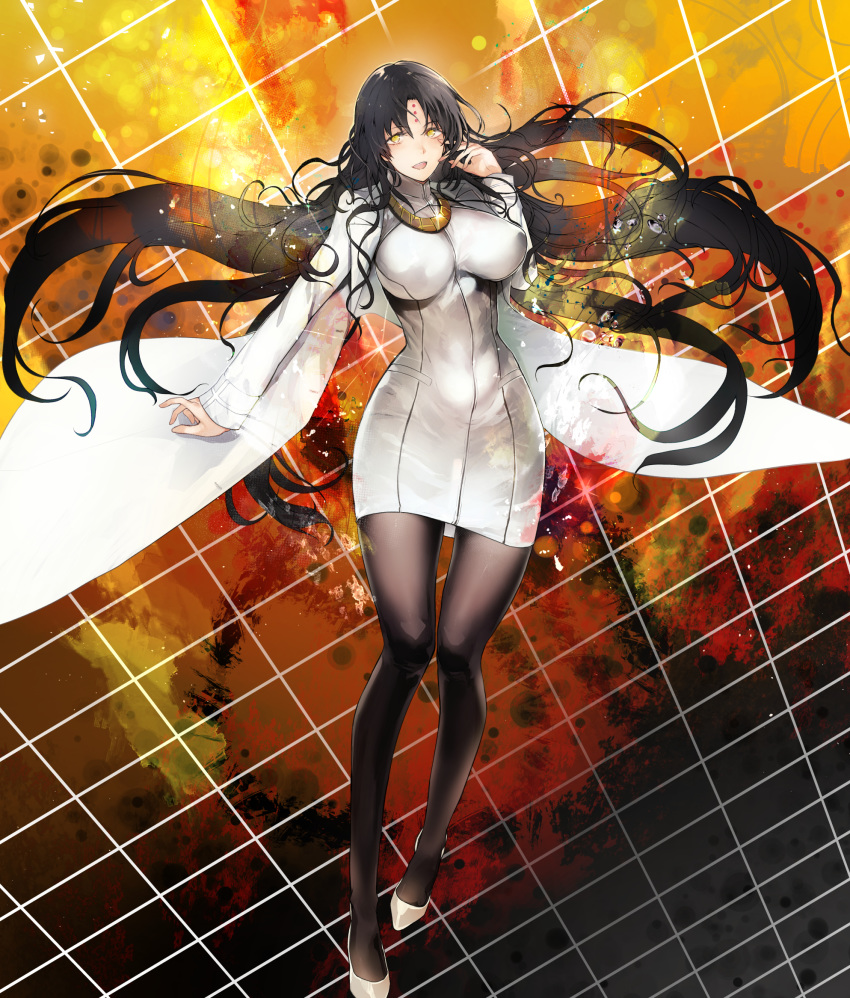 1girl bangs black_hair black_legwear blush breasts coat dress facial_mark fate/extra fate/extra_ccc fate/grand_order fate_(series) forehead_mark high_heels highres jewelry large_breasts legs long_hair looking_at_viewer necklace nishiide_kengorou open_clothes open_coat open_mouth pantyhose parted_bangs sesshouin_kiara short_dress smile white_coat white_dress white_footwear yellow_eyes